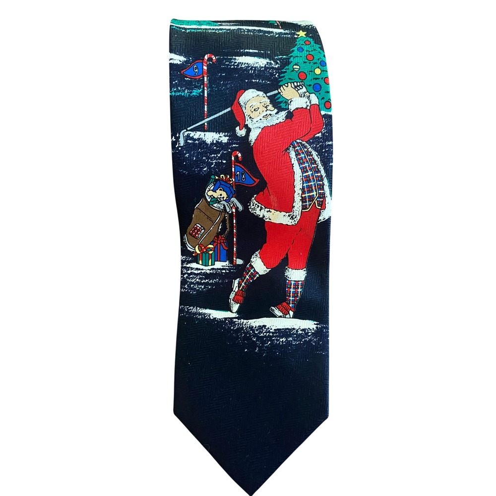 Parquet Mens Christmas Golfing‎ Santa Navy Blue Herringbone Polyester Necktie